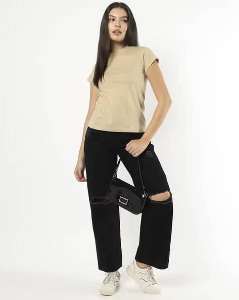 BUDA JEANS CO Women Regular Fit Crew-Neck T-Shirt 4.5